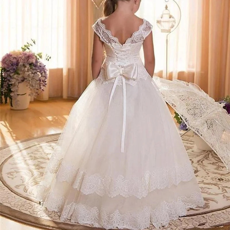 White First Communion Gown for Girls Backless Lace Appliques Bow Tulle Long Flower Gir Dresses Wedding Party Birthday Dresses