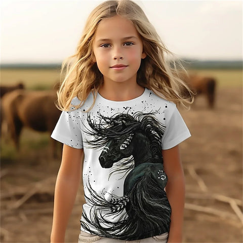 Cat Short Sleeve Horse Child Tshirt Summer Kawaii Kid T-Shirt For Children Tops Fashion Tee Girls Clothes From 8 To 14 Years Old