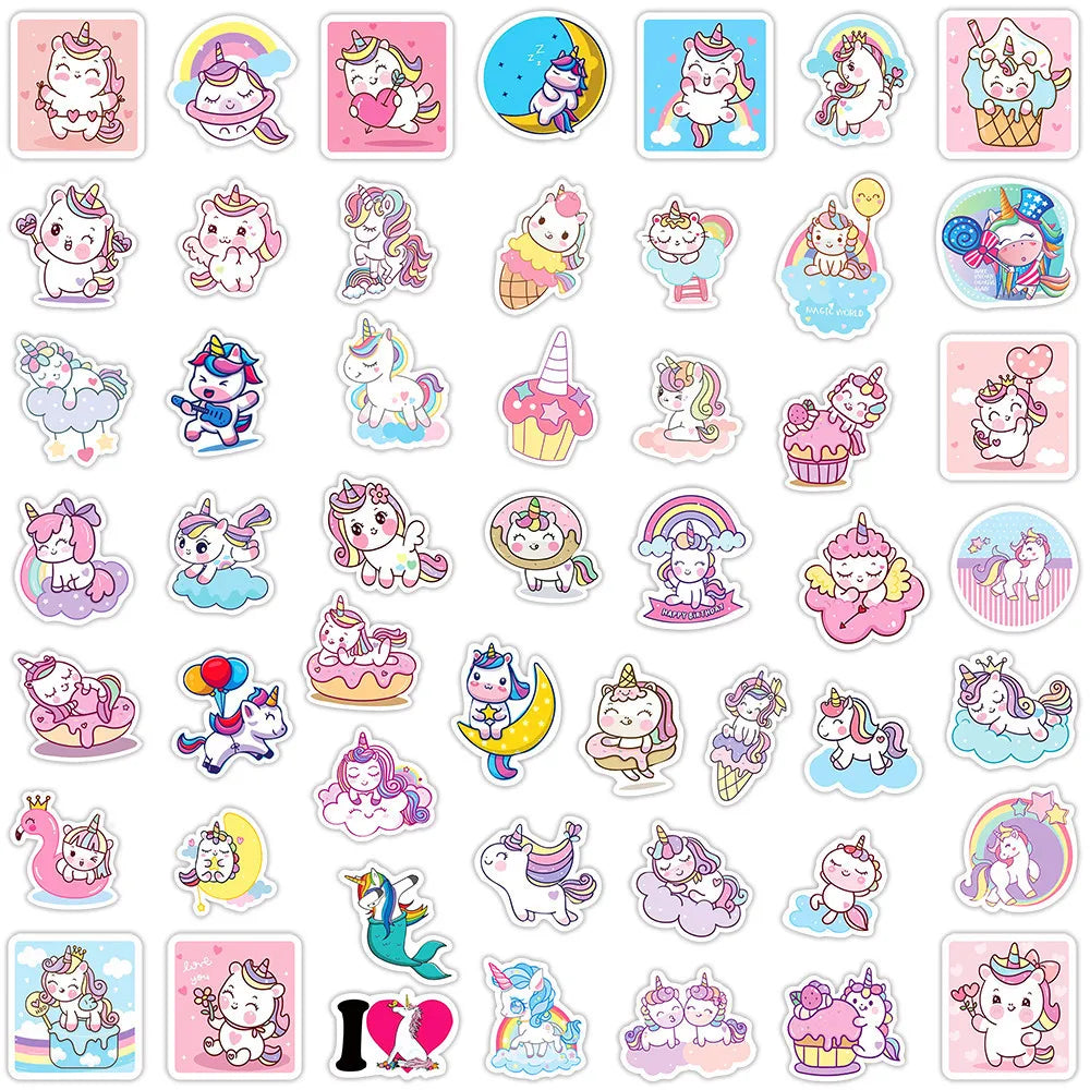 50/100pcs Cute Cartoon Unicorn Stickers for Laptop Luggage Phone Car Scooter Funny Vinyl Decal for Kids Girl Children Gift