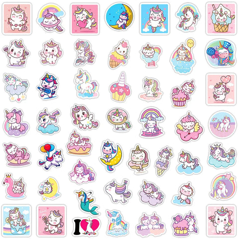 50/100pcs Cute Cartoon Unicorn Stickers for Laptop Luggage Phone Car Scooter Funny Vinyl Decal for Kids Girl Children Gift