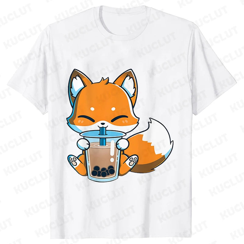 Boba Fox Drinking Print Blouse Women Clothing Fashion Kawaii Cartoon Fox Graphic T-shirts Anime Harajuku Tops Short Sleeve Tees