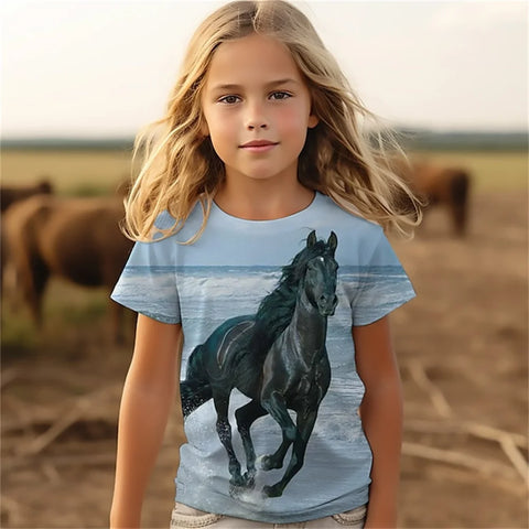 Cat Short Sleeve Horse Child Tshirt Summer Kawaii Kid T-Shirt For Children Tops Fashion Tee Girls Clothes From 8 To 14 Years Old