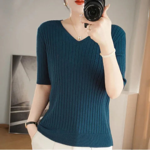 Women Sweater Short Sleeve V-neck Stripe Knitwears