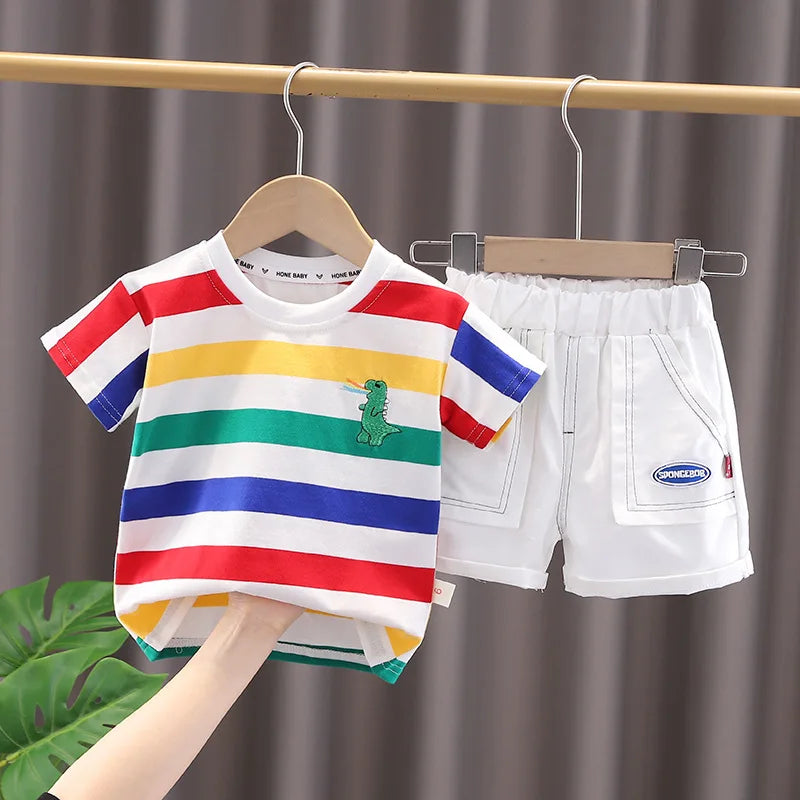 Summer Cute Cartoon Dinosaur Fashion Children O-neck T-shirt+Shorts+Bag Toddler Baby Boys Girls Clothes Set New Kids Tracksuits