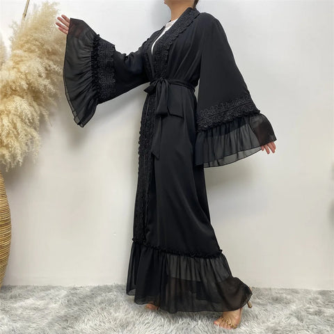 Muslim Abaya Dubai Full Length Flare Sleeve Lace Abaya