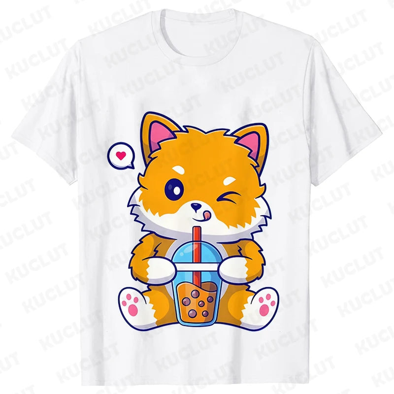 Boba Fox Drinking Print Blouse Women Clothing Fashion Kawaii Cartoon Fox Graphic T-shirts Anime Harajuku Tops Short Sleeve Tees