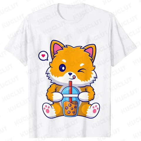 Boba Fox Drinking Print Blouse Women Clothing Fashion Kawaii Cartoon Fox Graphic T-shirts Anime Harajuku Tops Short Sleeve Tees