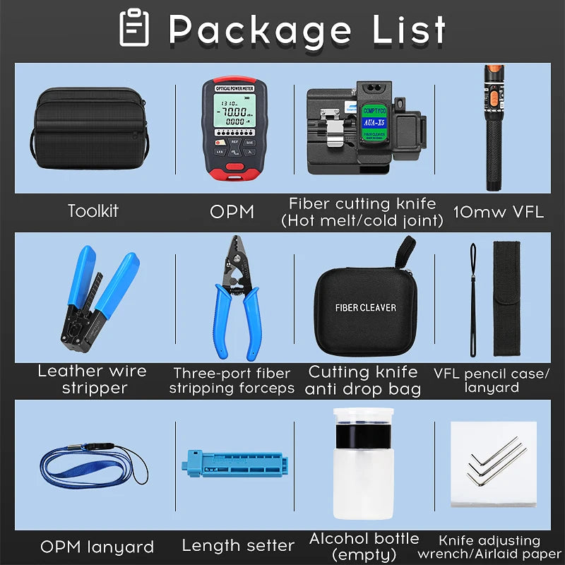 Fiber Optic Tool Kit AUA-X5 Fiber Cleaver 10Mw Visual Fault Locator FTTH Tools Fiber Power Meter Optical Bag