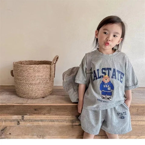 Summer Baby Clothes Set Children Boy & Girl Cartoon Bear Printing T-shirts and Shorts 2pcs Suit Kid Casual Top Bottom Outfits