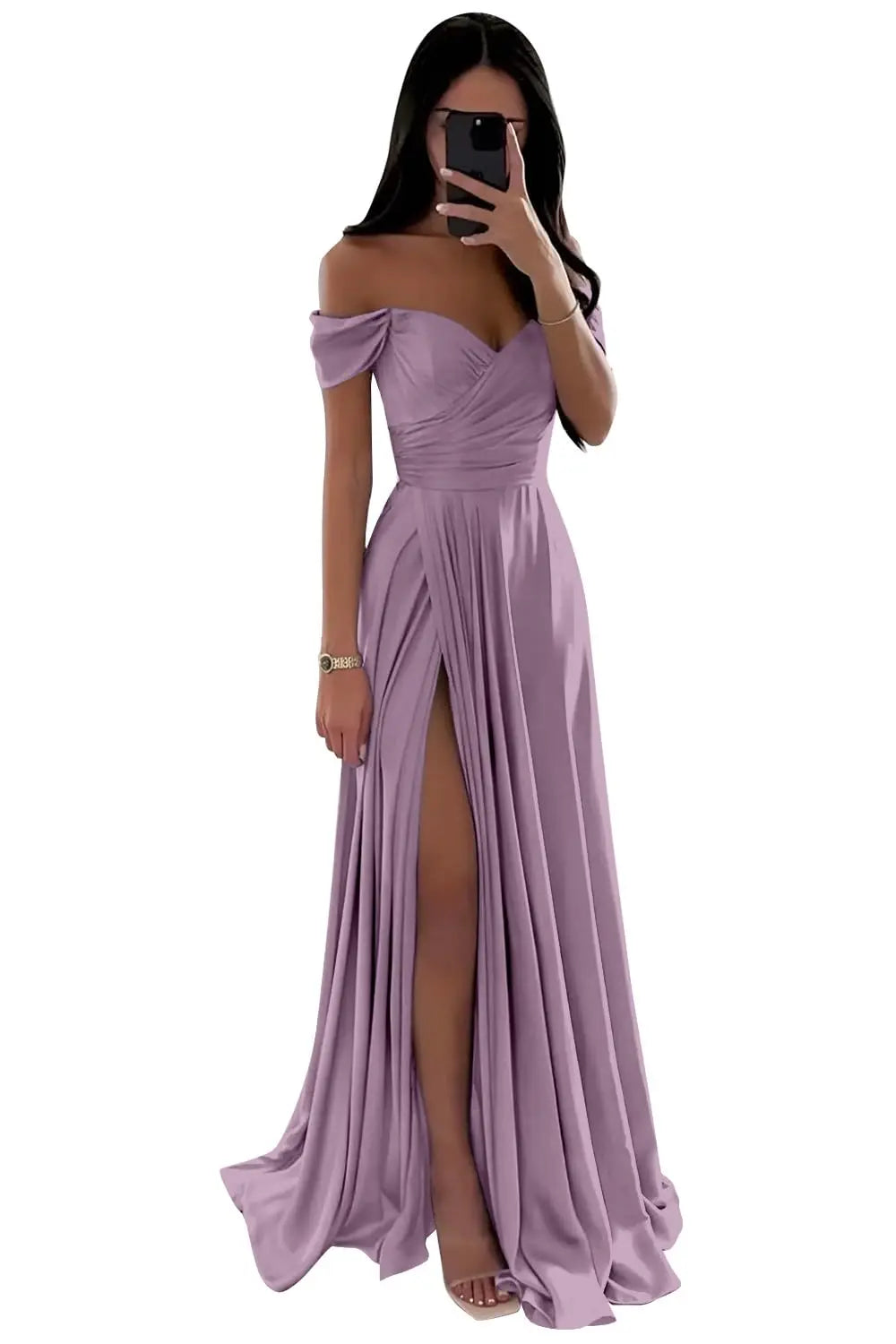 GDYBAO Women's Off The Shoulder Bridesmaid Dresses for Wedding With Slit Long  Pleated Satin Prom Dress A-Line Evening Gowns