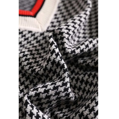 Autumn Winter V-neck Houndstooth Casual Fashion Sweater Ladies