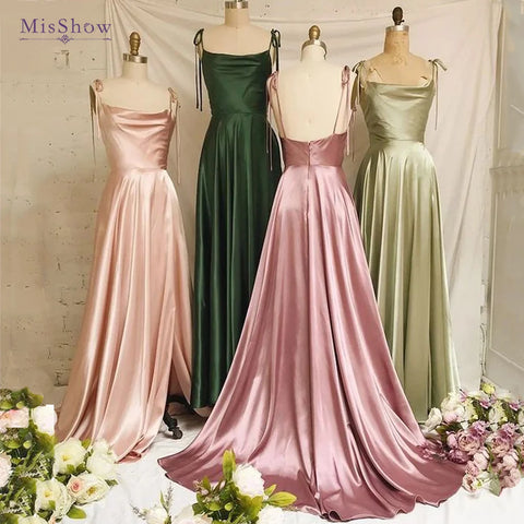 MisShow Women's Elegant Bridesmaid Dresses For Wedding 2024 Sexy Spaghetti Straps Split Long Satin Prom Evening Party Gowns