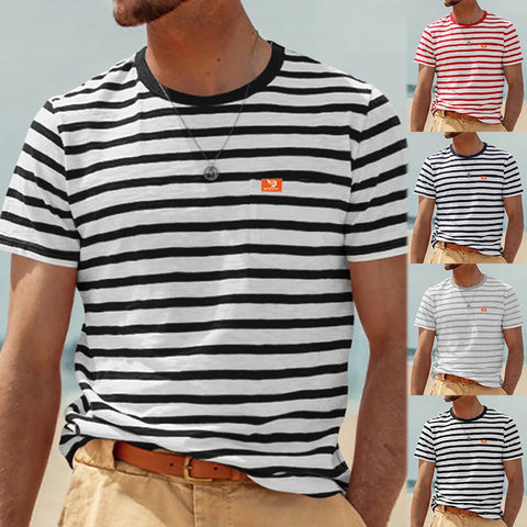 2024 Summer New Striped T-shirt Men's Casual Fashion Comfortable Breathable Embroidery Round Neck Short Sleeve Men's Clothing