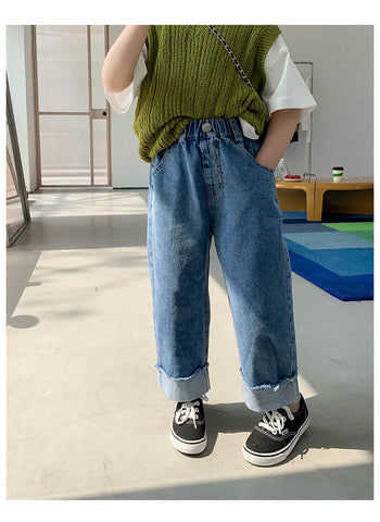 Spring summer Kids crimped wide leg jeans Boys and girls