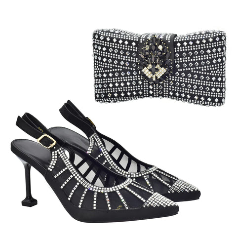 Italian Shoes and Bags Matching Set Decorated with Rhinestone Shoe and Bag Set