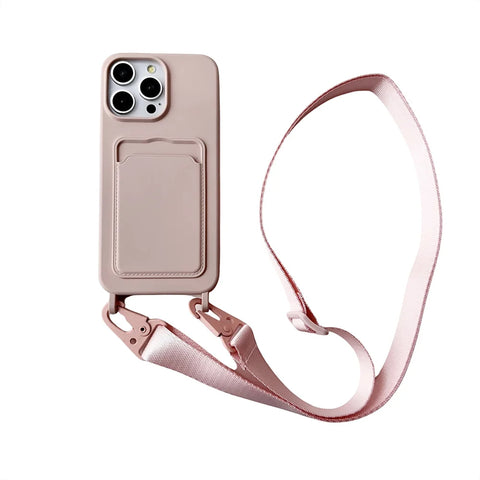 Crossbody Lanyard Necklace Rope Wallet Silicone Case For iPhone 15 Plus 14 13 12 11 Pro Max Slot Card Holder Plain Back Cover