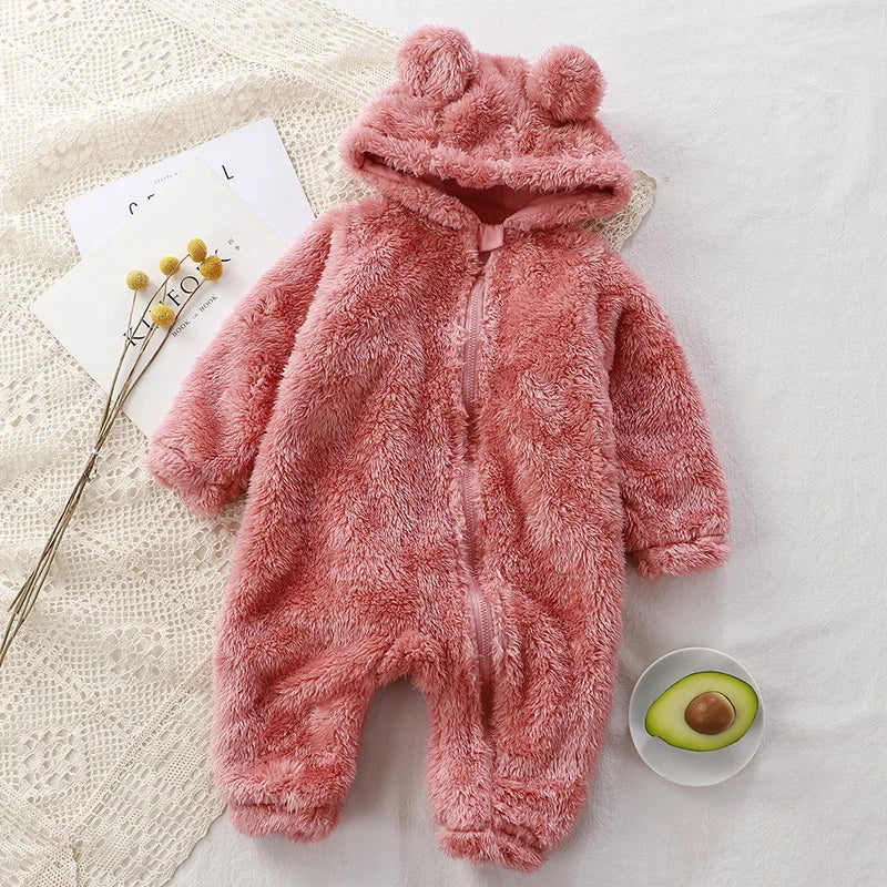 Cute Winter Warm Baby Romper Coral Fleece Cartoon Bear Hooded Boys Girls Newborn Infant Jumpsuit Clothes Soft Pajama