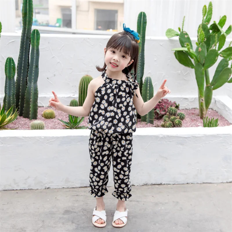 Baby Girls Clothing Sets Summer Sleeveless Flower Kids Girls Clothes Chiffon Shirts Pants Suit Children Casual Loungewear