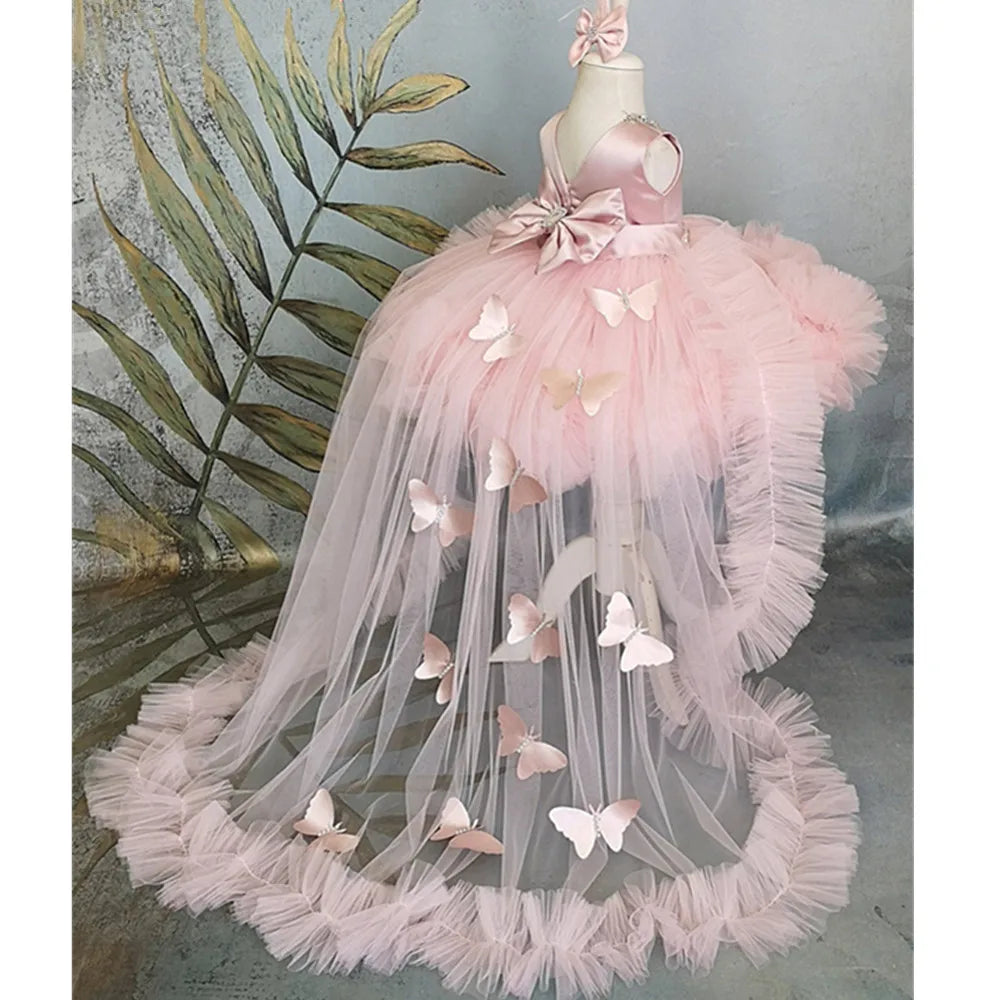 Puffy Girl Dress Pink Baby Dress with Train Flower Girl Dress Bow Cute Kid's Child Birthday Dresses Frist Communion