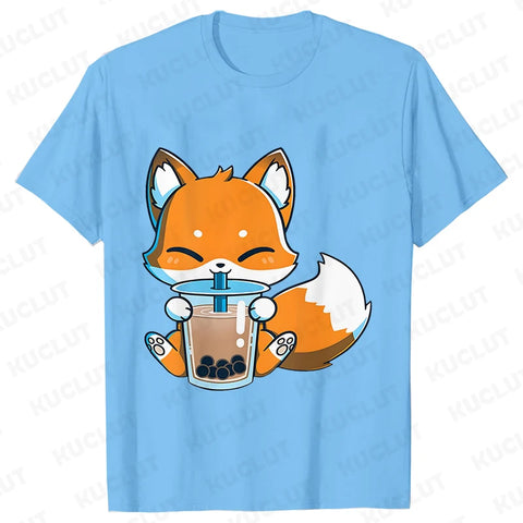 Boba Fox Drinking Print Blouse Women Clothing Fashion Kawaii Cartoon Fox Graphic T-shirts Anime Harajuku Tops Short Sleeve Tees