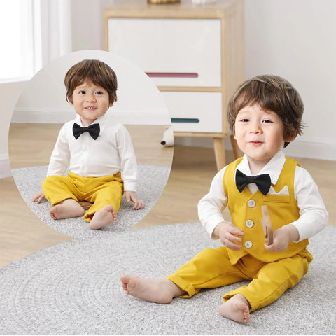 Spring Vest Suit Infant Boy Gentleman Long Sleeve Romper Pant Set Baby 3 6 9 12 18 24M Birthday Party Costume Newborn Clothes