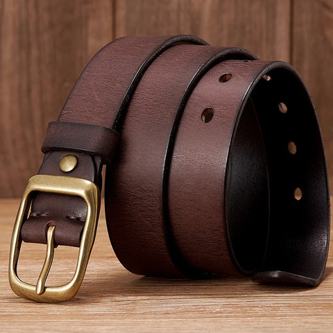 3.3CM High Quality Natural  Cowskin Genuine Leather Belt Men Casual Copper Buckle Business Male Strap For Jeans Cowboy Cintos