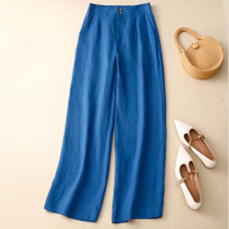 Linen High Waist Solid Color Wide Leg Pants