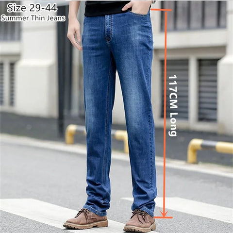 Extra Long Summer Jeans 117CM Tall Mens Thin Stretched Plus Size 40 42 44 Oversized Slim Fit High Waist Blue  Denim Trousers