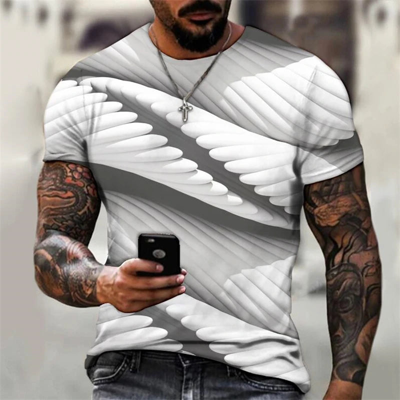 3D digital printed wave grid pattern men's short sleeve T-shirt