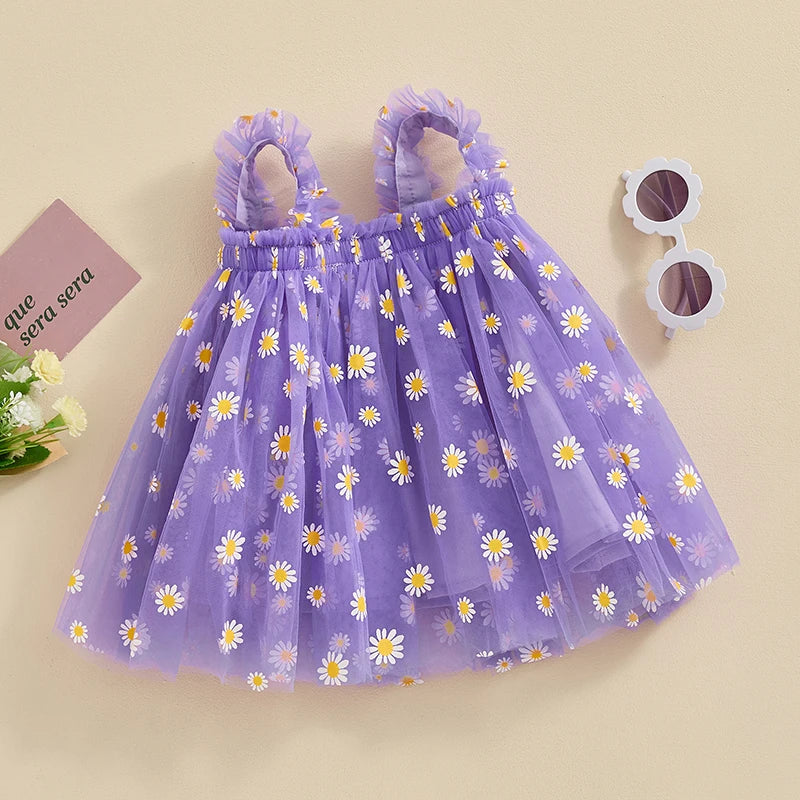 New Fashion Toddler Baby Girls Dress Daisy Print Sleeveless Layered Cami Dress Summer Casual Clothes Princess Dresses