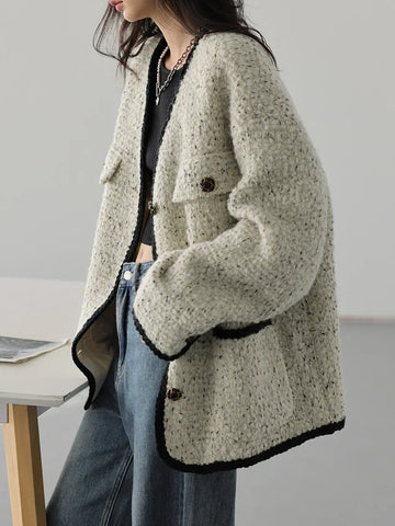 Women's Wool Coat Single Breasted Vintage Jacket V-Neck