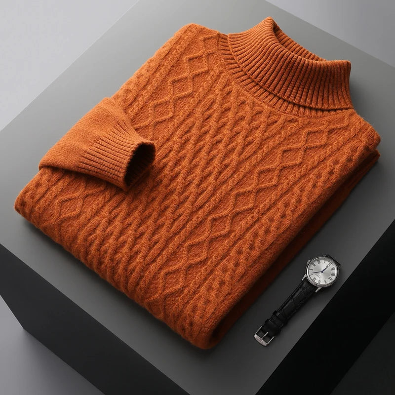 New autumn and winter 100% merino wool men's high-necked double-stranded thick jacquard pullover sweater knitted bottoming shirt