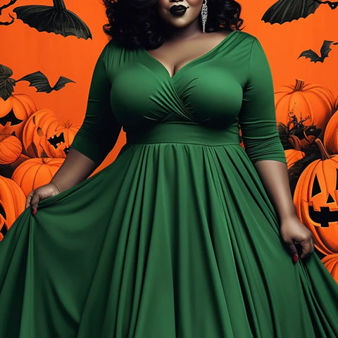 Halloween Costume Green Knitted V-Neck Half Sleeve Maxi Dress