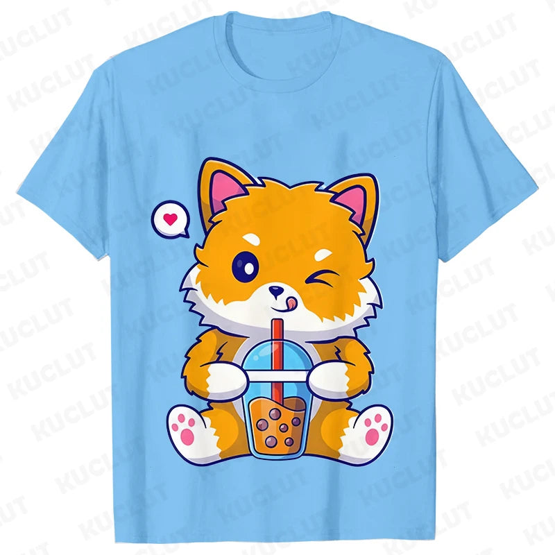 Boba Fox Drinking Print Blouse Women Clothing Fashion Kawaii Cartoon Fox Graphic T-shirts Anime Harajuku Tops Short Sleeve Tees