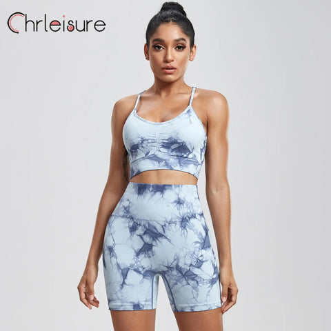 CHRLEISURE Yoga Shorts Set Tie Dye Women Seamless Summer Bra Set High Waist Fitness New Sportswear Printing Yoga Short Pants Set