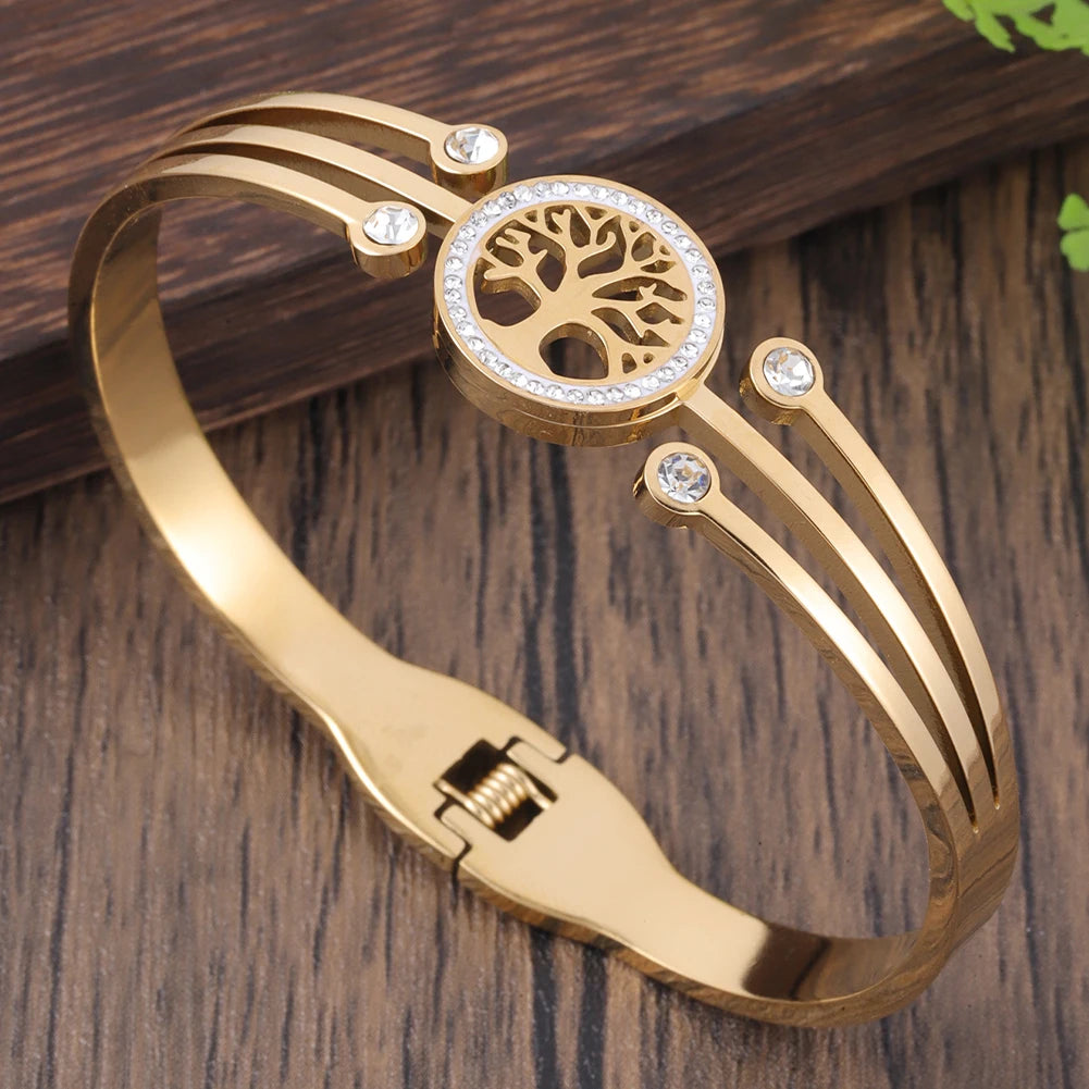 Women's Luxury Designer Bangle Stainless Steel Jewelry Tree of Life Trend 2024 Plant Cuff Bracelet Female Bangles for Women