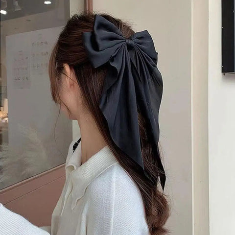 Elegant Large Bow Ribbon Hair Clip for Women Fashion Simple Solid Satin Spring Clip Ponytail Bow Hairpin Girls Hair Accesso K7U8