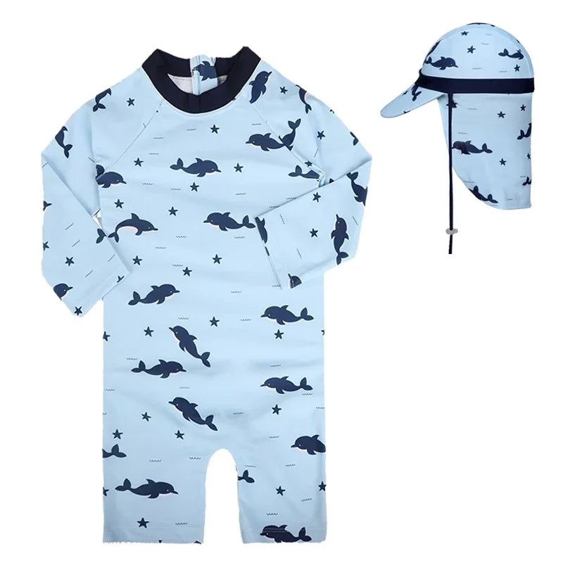 Baby Swimsuit One-Piece Bathing Suit Boy with Sun Cap UPF50 UV Protection Long Sleeve Dinosaur Children's Swimwear for Toddler