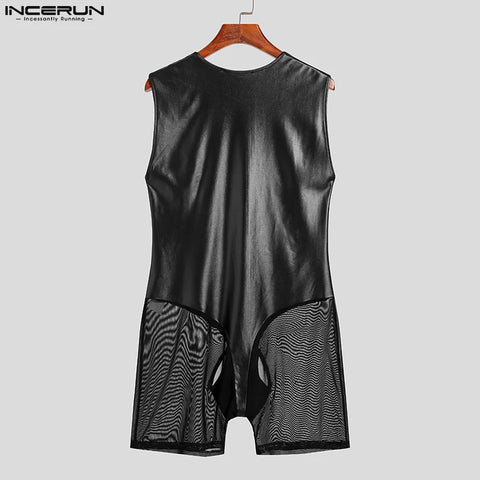 IMen Sexy All-match Bodysuit Leather Patchwork