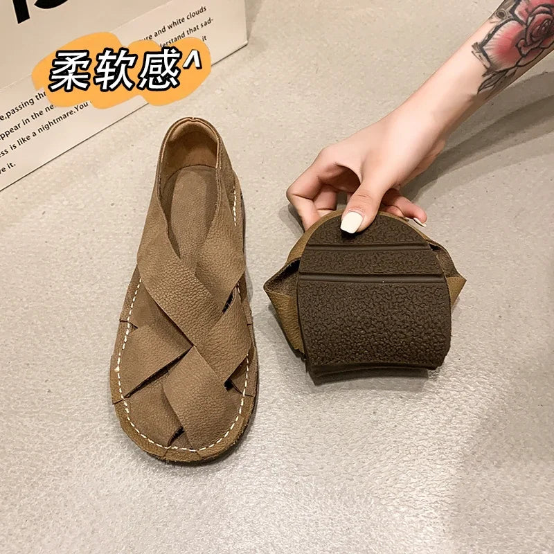 2024 Leather Women's Sandals Top Layer Cowhide Handmade Woven  Women Casual Flats The Retro Art Mori Girl Shoes