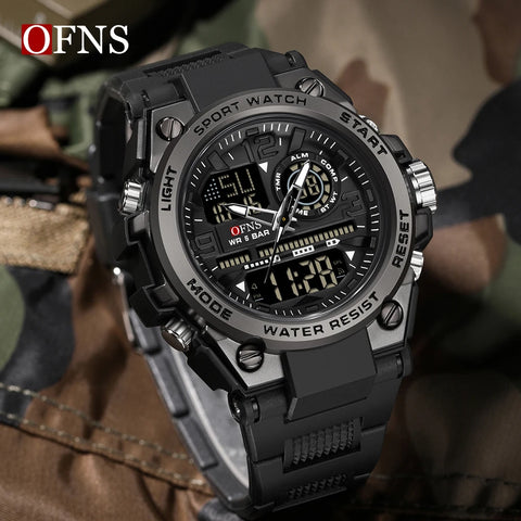 OFNS Luxury Business Man Quartz Watch G Style Date Chronograph Alarm LED Dual Display Clock Men's Electronic Watch Waterproof