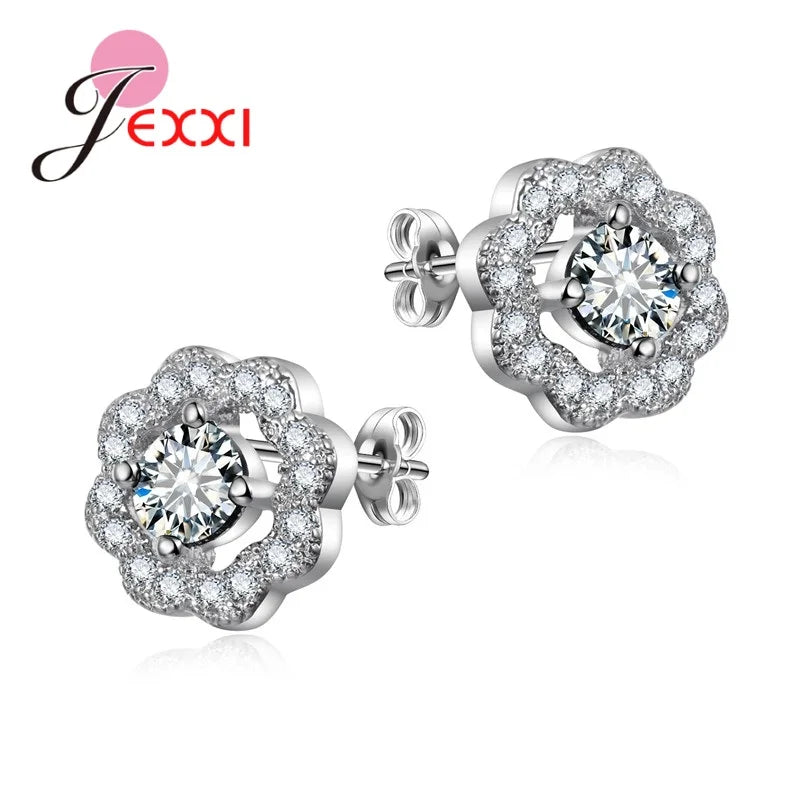 Full Crystal Cubic Zircon Gem Flower Stud Earrings For Women