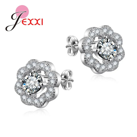 Full Crystal Cubic Zircon Gem Flower Stud Earrings For Women