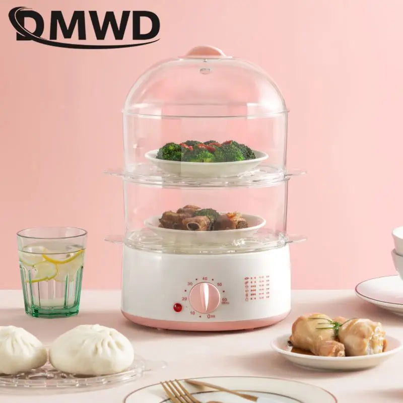 2L Mini Household Electric Food Steamer with Timer Knob control Auto Shut-off Visualization Food Warmer 3 layers Egg Boiler