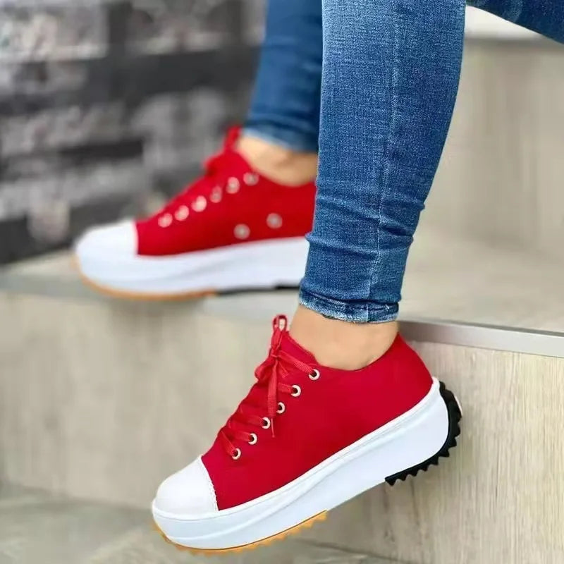 Classic White Canvas Shoes Women Sneakers Solid Lace-Up Casual Platform Shoes