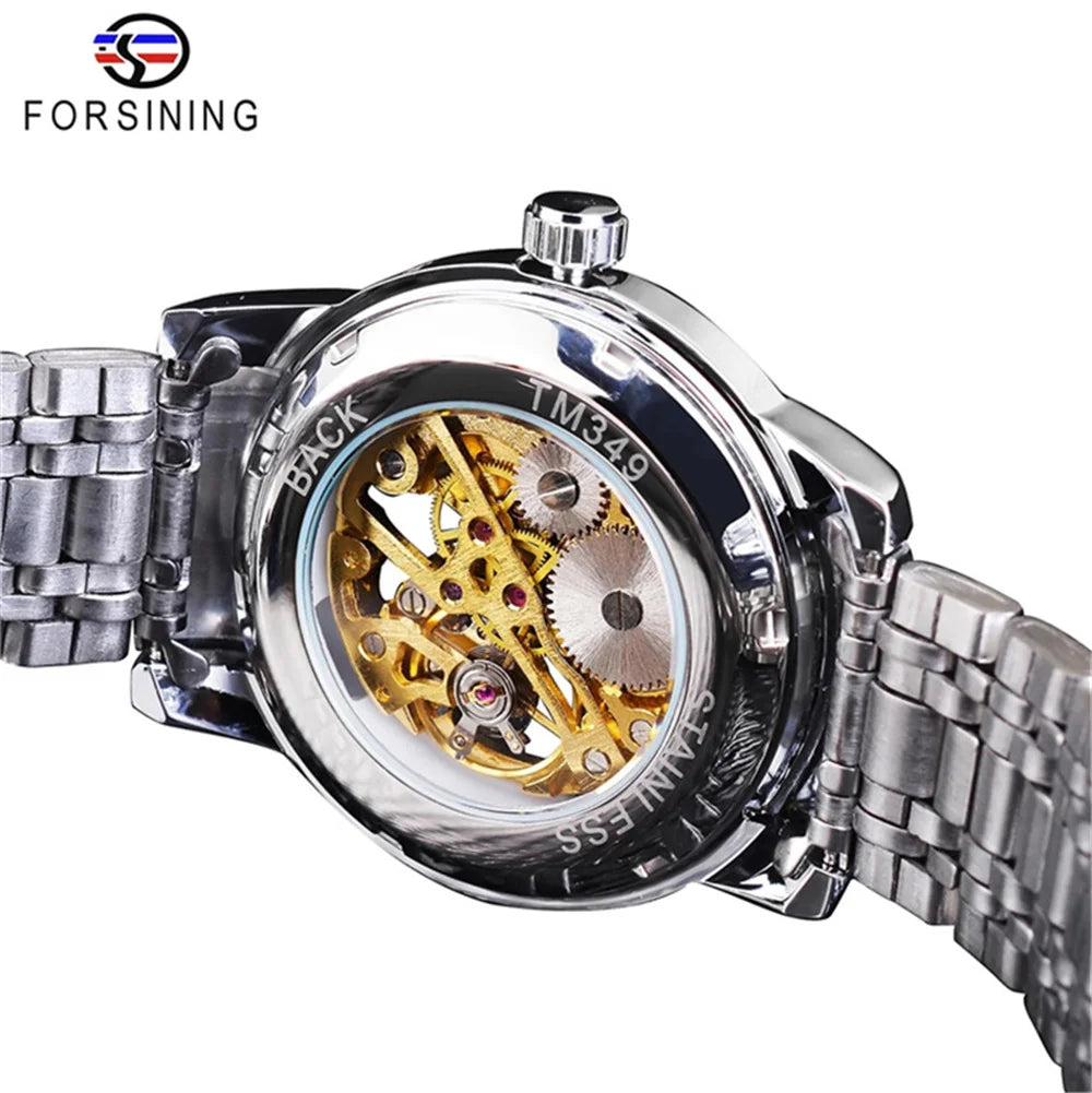 Forsining 349 Men Automatic Watch Round Skeleton Stainless Steel Mechanical Business Clock Relogio Masculino Erkek Kol Saati