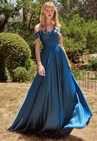 GDYBAO Women's Off The Shoulder Bridesmaid Dresses for Wedding With Slit Long  Pleated Satin Prom Dress A-Line Evening Gowns