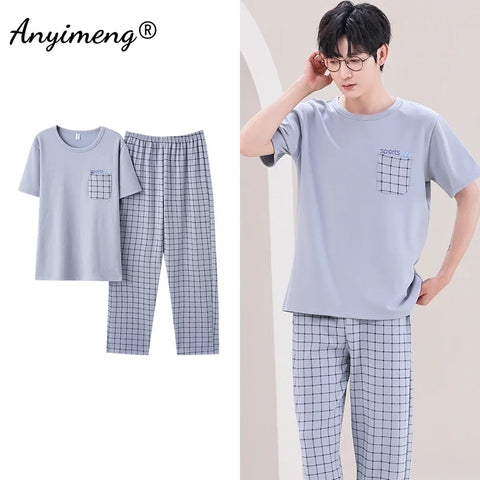 Mens Fresh Pajamas 3xl 4xl Sleepwear Short Sleeved Long Pants Cotton Leisure Pyjamas for Boy Plaid Pants Men Summer Nightwear