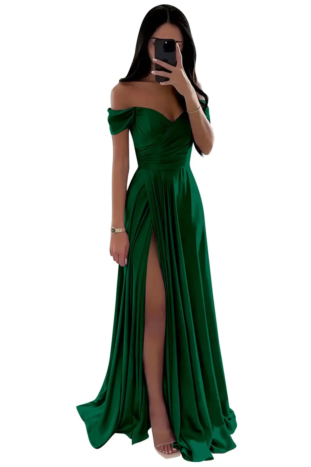 GDYBAO Women's Off The Shoulder Bridesmaid Dresses for Wedding With Slit Long  Pleated Satin Prom Dress A-Line Evening Gowns