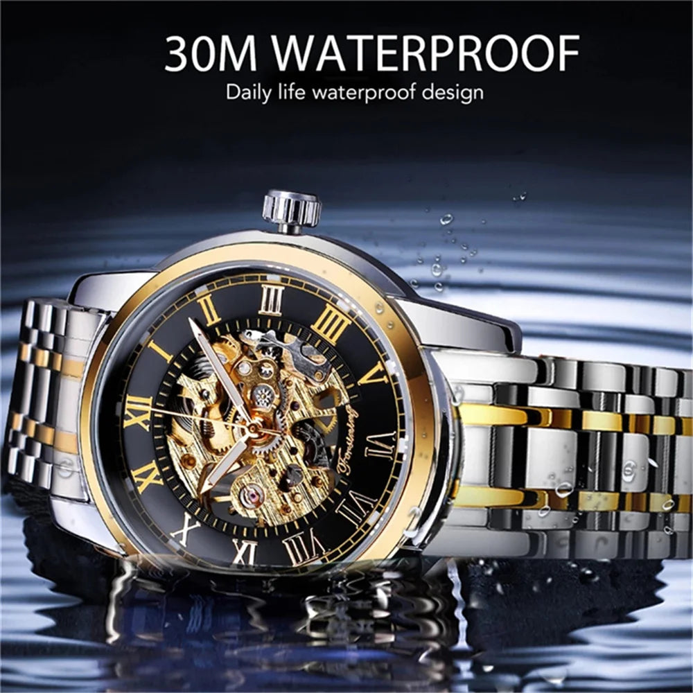 Forsining 349 Men Automatic Watch Round Skeleton Stainless Steel Mechanical Business Clock Relogio Masculino Erkek Kol Saati